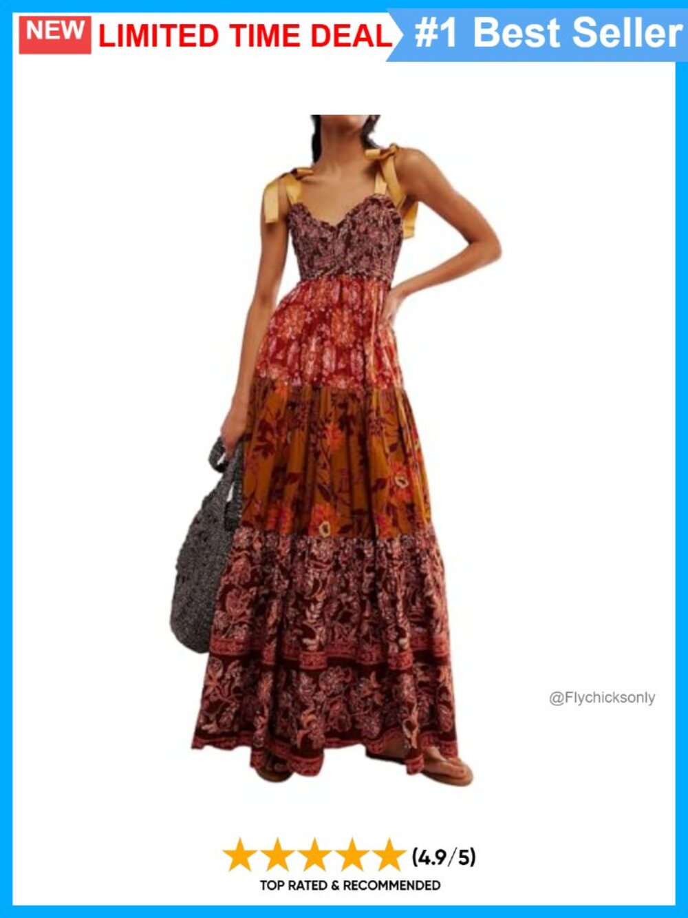 Floral Maxi Dress Tie Shoulder Smocked Flowy Boho Sundress with Pockets